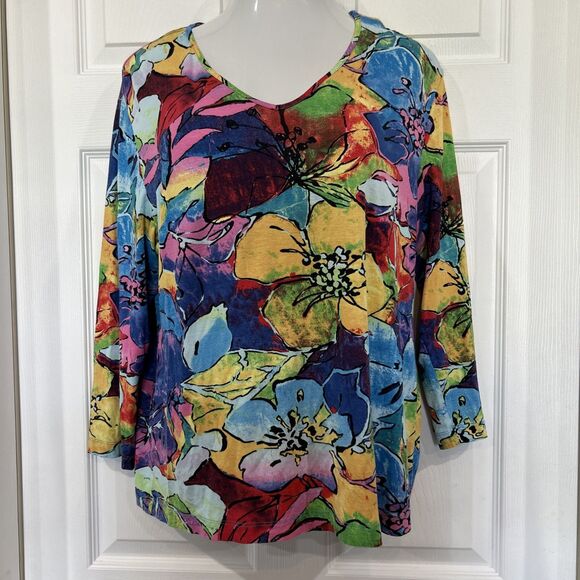 Chico’s 3 Colorful V Neck Top Floral Print Soft Knit Long Sleeve Women's XL - Picture 1 of 8